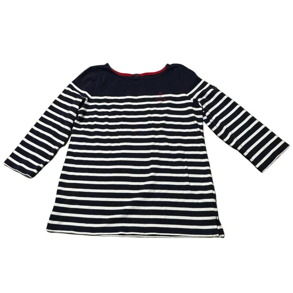 Nautica Navy and White Striped 3/4 Long Sleeve Boatneck Cotton Top Women Size L